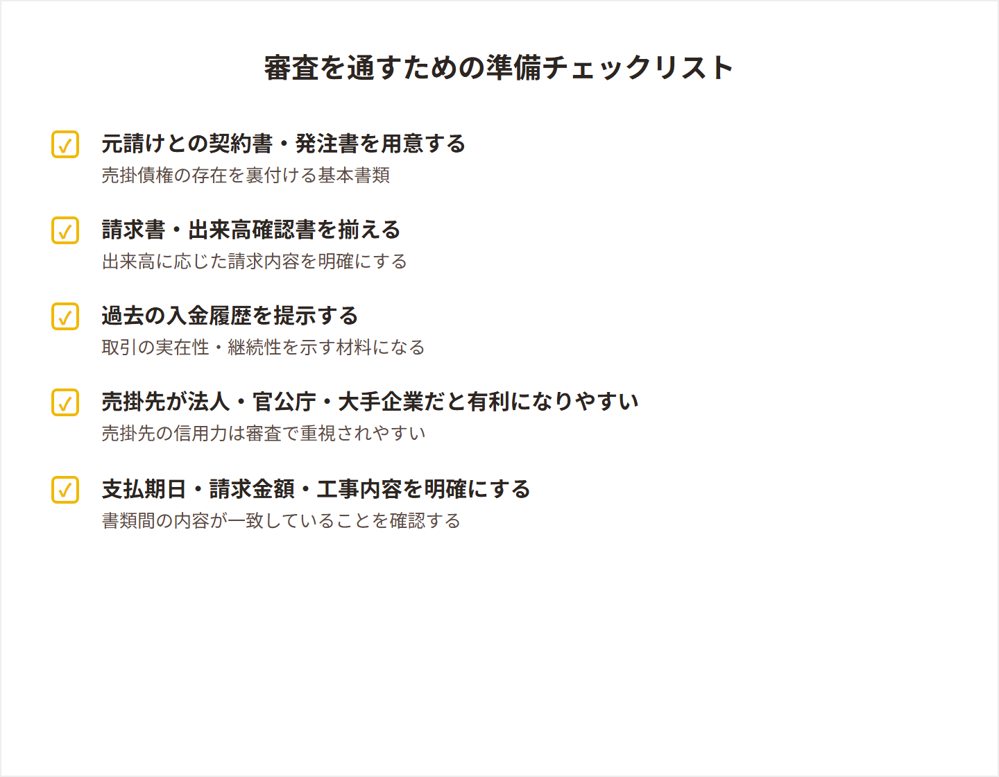 建設業でファクタリング審査を通しやすくするポイントのチェックリスト図解